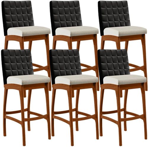 Kit 06 Banquetas Altas Sala De Jantar Fixa Mila B04 Couríssimo Preto Linho Champagne - Lyam Decor
