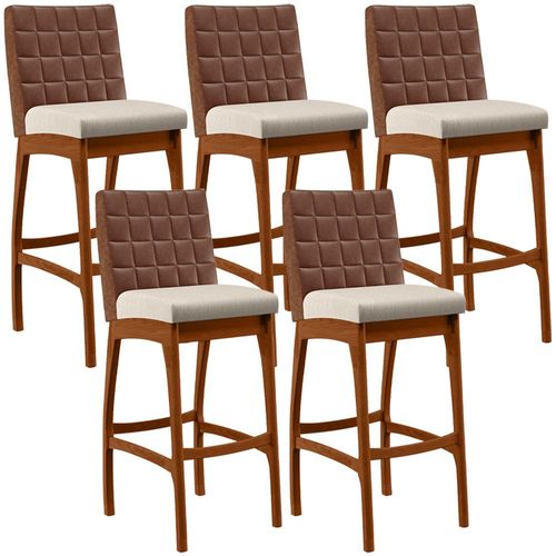 Kit 05 Banquetas Altas Cozinha Sala De Jantar Fixa Mila B04 Couríssimo Marrom Linho Cru - Lyam Decor