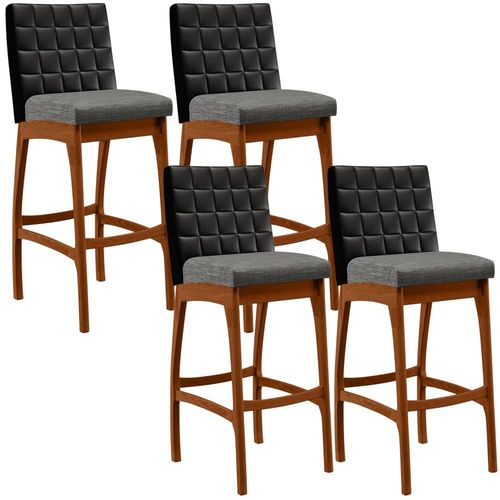 Kit 04 Banquetas Altas Sala De Jantar Fixa Mila B04 Couríssimo Preto Linho Cinza Escuro - Lyam Decor