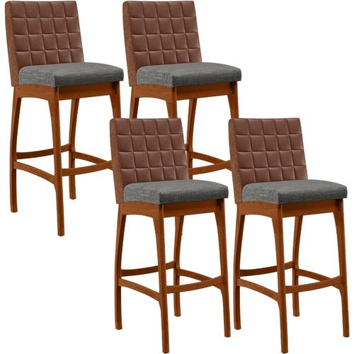 Kit 04 Banquetas Altas Sala Jantar Fixa Mila B04 Couríssimo Marrom Linho Cinza Escuro - Lyam Decor