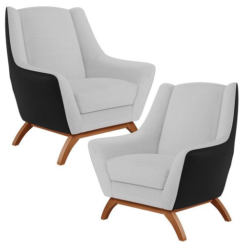 Kit 2 Poltronas Decorativas Base Madeira Juliet D02 Corano Preto C-05 Linho Cinza D-315 - Lyam Decor