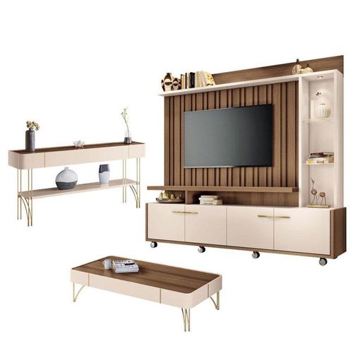 Estante Home Theater Titan E Aparador Vivant E Mesa De Centro Cadenza Castanho Off White - Hb Móveis