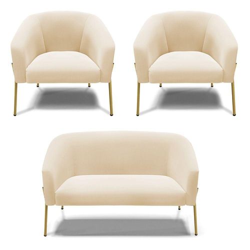 Sofá Namoradeira E 2 Poltronas Pé De Ferro Dourado Stella Suede Bege D03 - D'rossi