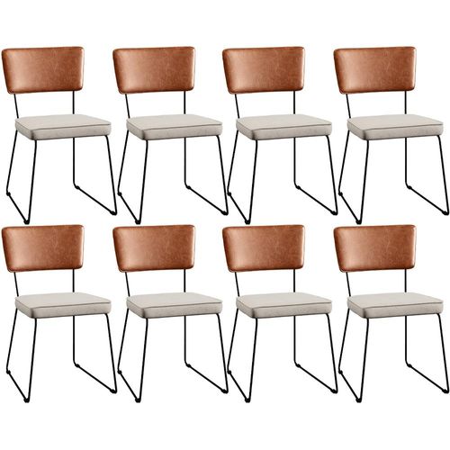 Kit 08 Cadeiras Decorativas Estofada Sala Jantar Allana L02 Couríssimo Camel Linho Cru - Lyam Decor