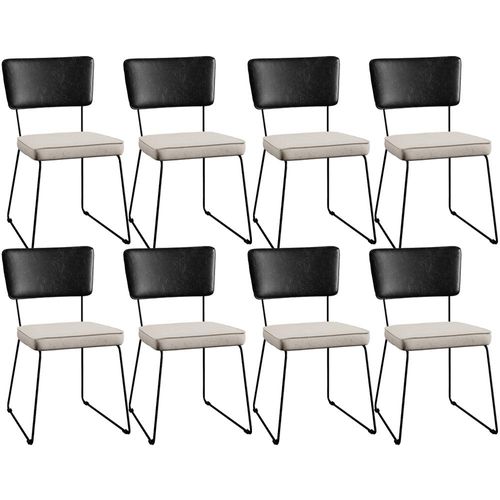 Kit 08 Cadeiras Decorativas Estofada Sala Jantar Allana L02 Couríssimo Preto Linho Cru - Lyam Decor
