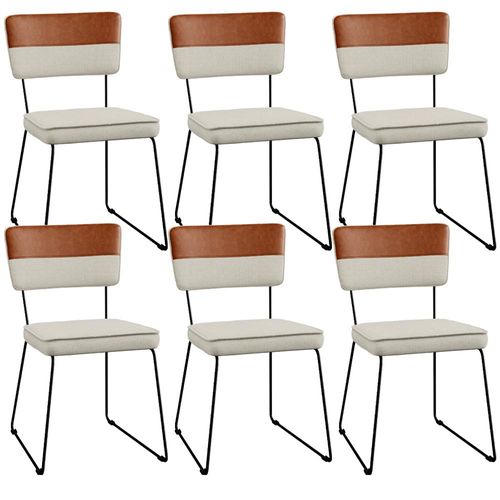 Kit 06 Cadeiras Decorativas Allana L02 Faixa Couríssimo Camel Linho Champagne - Lyam Decor