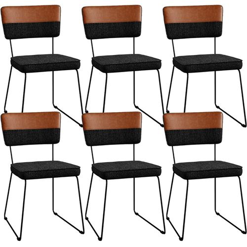 Kit 06 Cadeiras Decorativas Base De Aço Allana L02 Faixa Couríssimo Camel Linho Chumbo - Lyam Decor