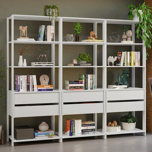 Estante Armário Multiuso para Livros 6 Gavetas 12 Prateleiras 210cm Branco Madesa