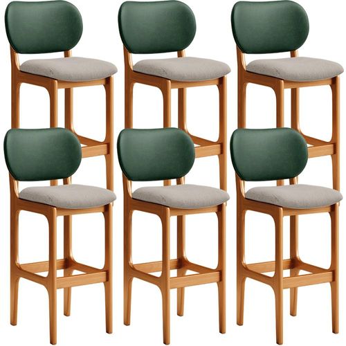 Kit 6 Banquetas Alta Bar Cozinha Sala Jantar Betta L02 Imbuia Facto Verde Linho Bege - Lyam Decor
