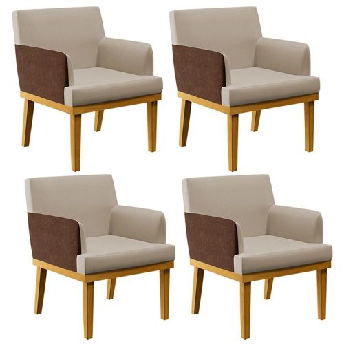 Kit 04 Poltronas Decorativas Base Mel Beatriz W01 Linho Bege Couríssimo Marrom - Lyam Decor