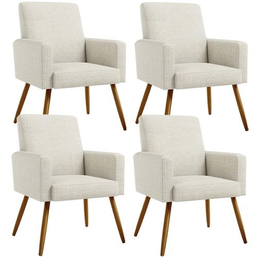 Kit 04 Poltronas Decorativa Para Sala De Estar Maria W01 Pés Palito Linho Champagne - Lyam Decor