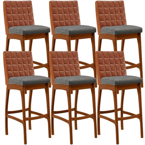 Kit 06 Banquetas Altas Sala De Jantar Fixa Mila B04 Couríssimo Camel Linho Cinza Escuro - Lyam Decor