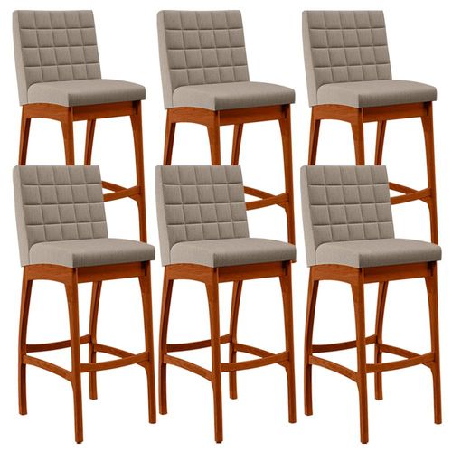 Kit 06 Banquetas Altas Para Cozinha Sala de Jantar Fixa Mila B04 Linho Bege - Lyam Decor