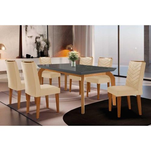 Sala de Jantar Completa Londrina Tampo Madeirado c/ Vidro Curvo 180x90 e 6 Cadeiras Londrina Imbuia/Veludo Creme/Pérola - Rufato