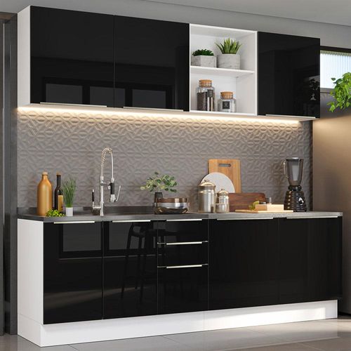 Armário de Cozinha Completa 240cm Branco/Preto Lux Madesa 05