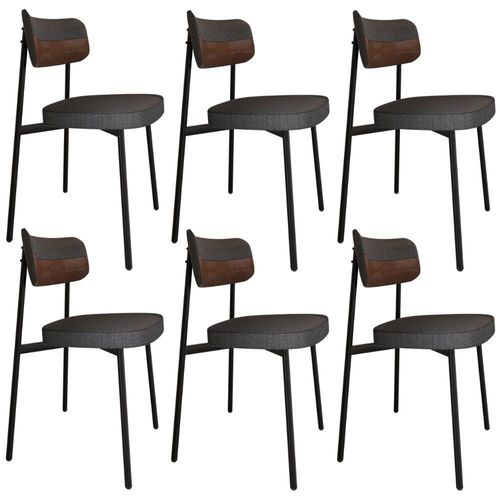 Kit 06 Cadeiras Estofada Para Sala de Jantar Astrid Preto C01 Linho Preto Courino Whisky - Lyam Decor