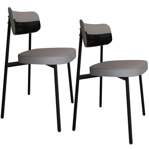 Kit 02 Cadeiras Estofada Para Sala de Jantar Astrid Preto C01 Linho Cinza Courino Preto - Lyam Decor