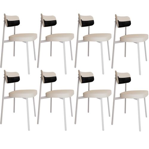 Kit 08 Cadeiras Estofada Para Sala de Jantar Astrid Branco C01 Linho Palha Courino Preto - Lyam Decor