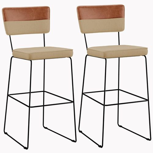 Kit 02 Banquetas Altas Sala Jantar Allana L02 Faixa Couríssimo Camel Linho Bege Escuro - Lyam Decor