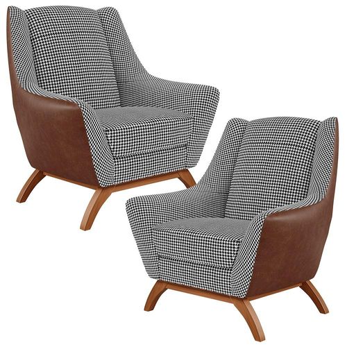 Kit 02 Poltronas Decorativas Base Em Madeira Juliet D02 Courissímo Marrom B-38 Pied Poule - Lyam Decor