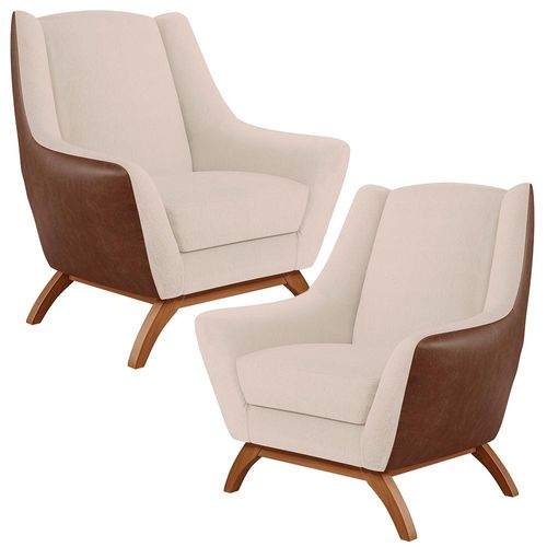 Kit 02 Poltronas Base Em Madeira Juliet D02 Courissímo Marrom B-38 Linho Bege C-107 - Lyam Decor