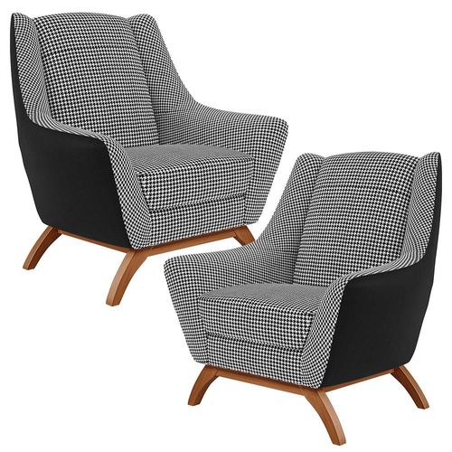 Kit 02 Poltronas Decorativas Base Em Madeira Juliet D02 Corano Preto C-05 Pied Poule - Lyam Decor