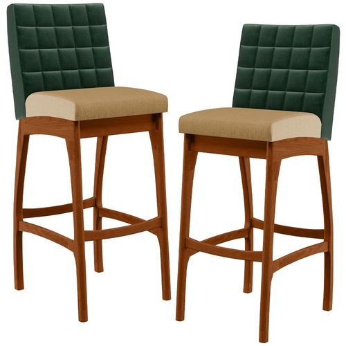 Kit 02 Banquetas Altas Sala De Jantar Fixa Mila B04 Facto Verde Musgo Linho Bege Escuro - Lyam Decor