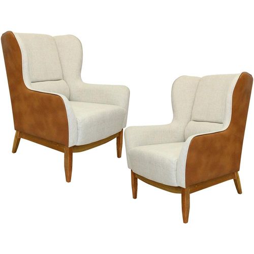 Kit 02 Poltronas Decorativa Base de Madeira Milena D02 Linho Bege A-184 Corano Marrom - Lyam Decor