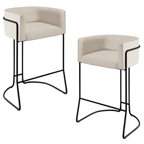 Kit 02 Banquetas Decorativas Fixas Base De Aço Preto Betina D02 Linho Cru C-443 - Lyam Decor