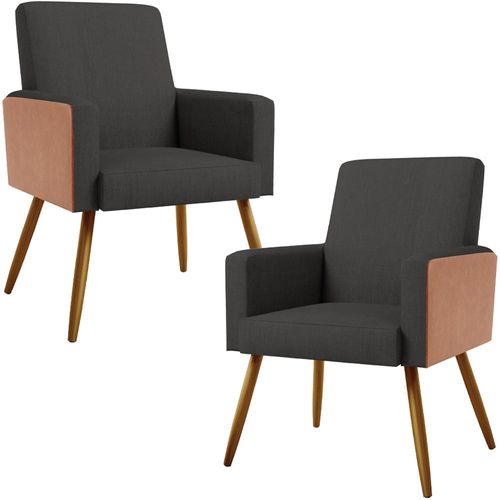 Kit 02 Poltronas Decorativa Maria W01 Pés Palito Linho Chumbo Couríssimo Camel - Lyam Decor