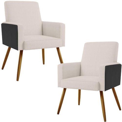 Kit 02 Poltronas Decorativa Maria W01 Pés Palito Linho Cru Couríssimo Preto - Lyam Decor