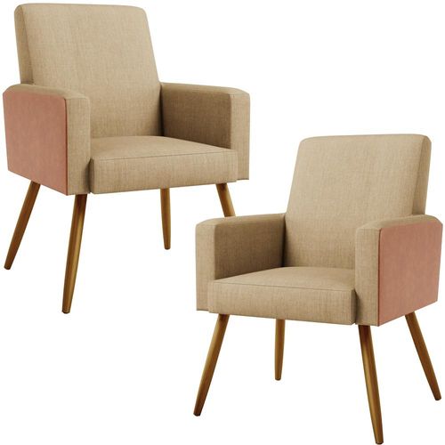 Kit 02 Poltronas Decorativa Maria W01 Pés Palito Linho Bege Escuro Couríssimo Camel - Lyam Decor