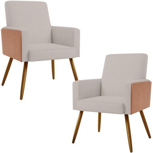 Kit 02 Poltronas Decorativa Maria W01 Pés Palito Linho Bege Couríssimo Camel - Lyam Decor