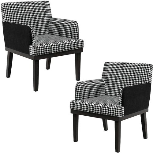 Kit 02 Poltronas Decorativa Base Tabaco Beatriz W01 Suede Pied Poule Couríssimo Preto - Lyam Decor