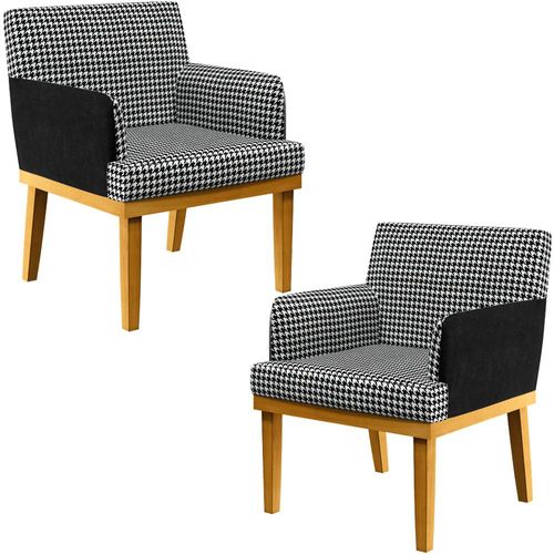 Kit 02 Poltronas Decorativa Base Mel Beatriz W01 Suede Pied Poule Couríssimo Preto - Lyam Decor