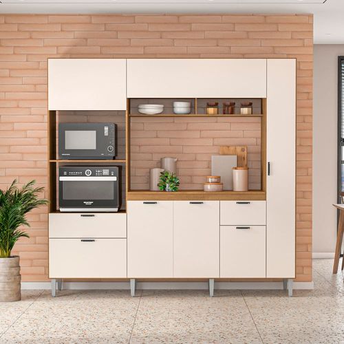 Cozinha Compacta Politorno Mov Lyon MDP com 7 Portas, 2 Gavetas e 1 Prateleira 217 cm de largura - Freijó e Off White