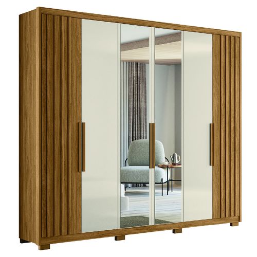 Guarda Roupas Casal Ripado com Espelho 6 Portas 4 Gavetas 2,60m Araguaia Freijó / Off White Moval