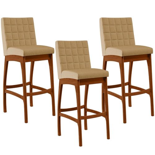Kit 03 Banquetas Altas Para Cozinha Sala de Jantar Fixa Mila B04 Linho Bege Escuro - Lyam Decor