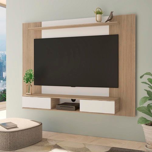 Painel Artely Nevada com 2 Portas e 3 Nichos, 176cm de Largura, Ideal para TV de até 75`` – Carvalho/Off White