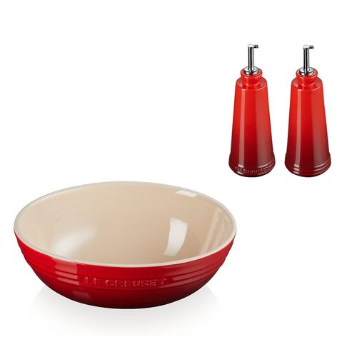 KIT LE CREUSET BOWL DE SERVIR OVAL 29CM E CONJUNTO ÓLEO E VINAGRE 300ML SIGNATURE VERMELHO