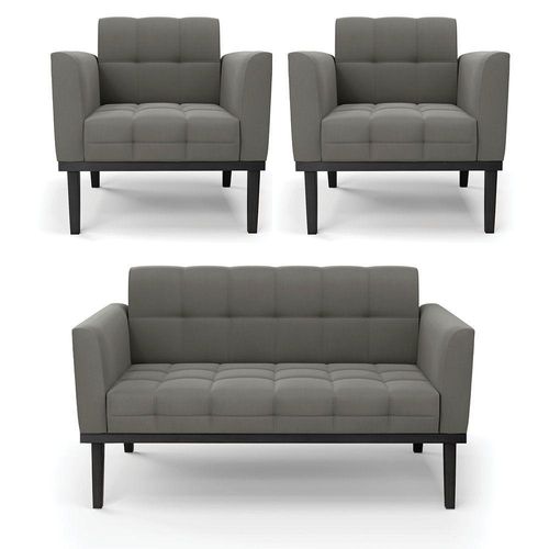 Sofá Namoradeira E 2 Poltronas Base De Madeira Preto Elisa Suede D03 - D'rossi Cor Grafite
