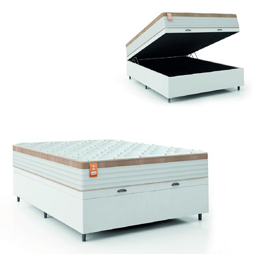 Cama Box Baú Colchão Casal Molas Ensacadas Real 138x188x68cm Linho Branco / Bege Inducol