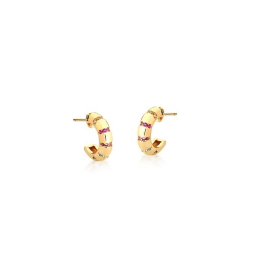 Meia Argola Pequena com fileiras de zirconias coloridas banhada em ouro 18k
