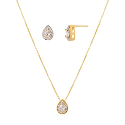 Conjunto Colar e Brinco em gota Luxo com zirconias banhado em ouro 18k