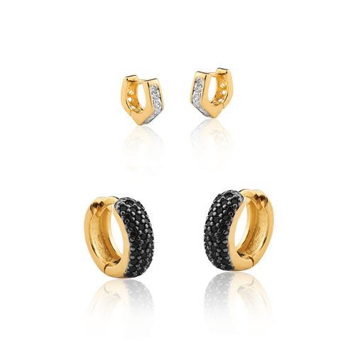Conjunto Brinco de Argolas Primeiro e Segundo Furo zirconias negras e brancas com argolinha losango banhado em ouro 18k