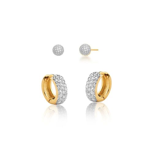 Conjunto Brinco de Argolas com brinco bolinha com zirconias banhado em ouro 18k