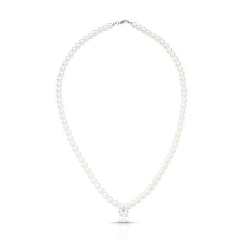 Colar Pérolas Shell Grace pingente retangular cristal ródio