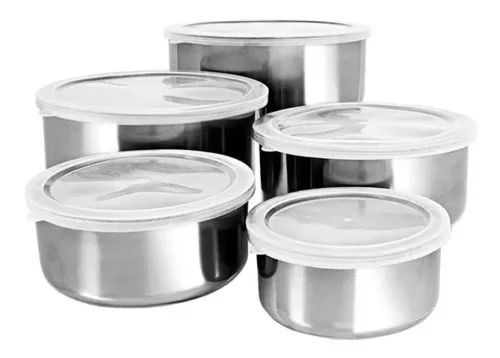 Jogo 5 Potes de Inox com Tampa Tigela Multiuso para Cozinha