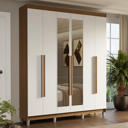 Guarda-Roupa Casal com Pés 6 Portas Batentes com Espelho Rustic/Branco/Rustic Saturno Madesa