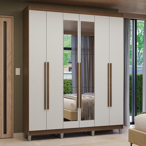 Guarda-Roupa Casal com Pés 6 Portas Batentes com Espelho Rustic/Branco/Rustic Venus Madesa